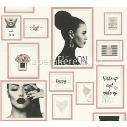   AS Creation Metropolitan Storys vinyl, vlies anyagú fekete, fehér, mályva színű feliratos, képkeret klasszikus tapéta
