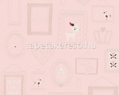 AS Creation Boys & Girls 6 vlies, habos anyagú rózsaszín, fehér, barack, gyöngyház, csillámos színű unicornis, állatos, képkeret gyerek tapéta