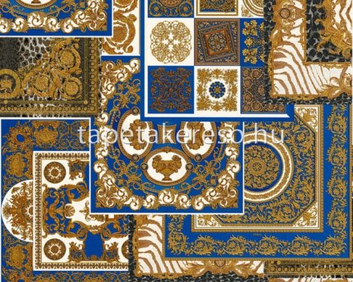 AS Creation Versace 4 vlies, vinyl anyagú kék, arany, fehér, csillámos színű kazettás, barokk klasszikus tapéta