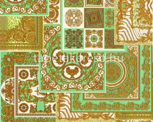 AS Creation Versace 4 vlies, vinyl anyagú fehér, zöld, arany, csillámos színű kazettás, barokk klasszikus tapéta