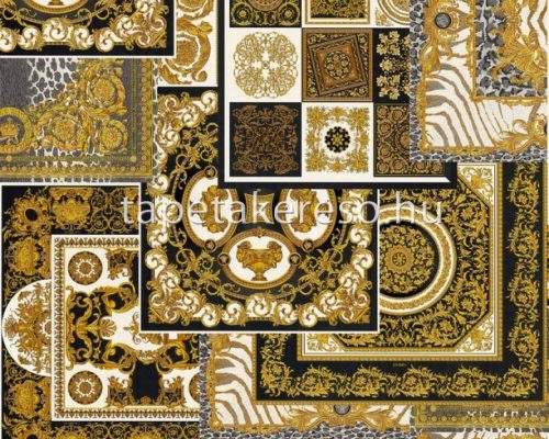 AS Creation Versace 4 vlies, vinyl anyagú fekete, arany, fehér, csillámos színű kazettás, barokk klasszikus tapéta
