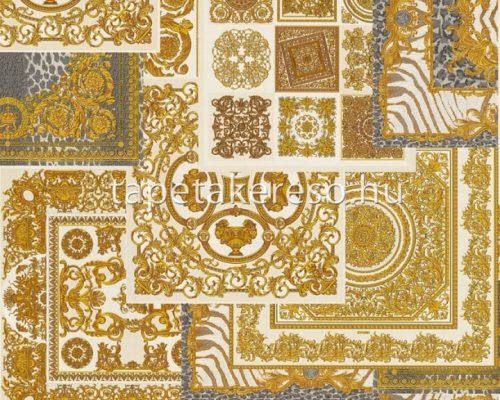 AS Creation Versace 4 vlies, vinyl anyagú fehér, arany, szürke, csillámos színű kazettás, barokk klasszikus tapéta