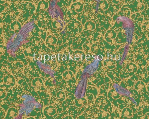 AS Creation Versace 4 vlies, vinyl anyagú zöld, barna, arany, kék, rózsaszín, csillámos színű madaras, indamintás klasszikus tapéta