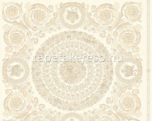 AS Creation Versace 4 vlies, vinyl anyagú fehér, beige, csillámos színű kazettás, barokk, feliratos klasszikus tapéta