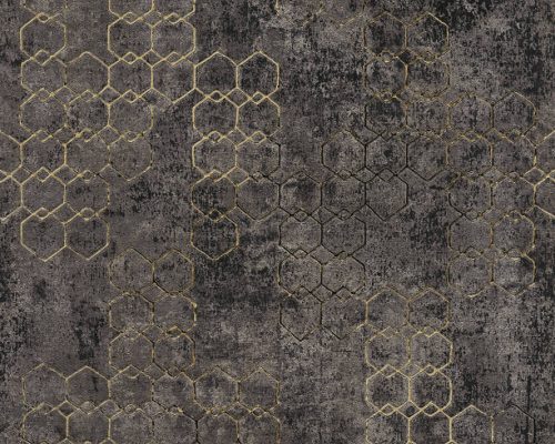 AS Creation Black is Beautiful vlies, habos anyagú szürke, arany színű geometriai, koptatott modern tapéta