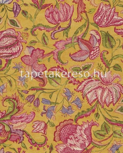 Eijffinger Sundari vlies anyagú arany, rózsaszín, lila, zöld színű virágos, textilhatású retro tapéta