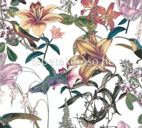 Architects Paper Jungle Chic vlies anyagú fehér, kék, zöld, sárga, rózsaszín, fekete, barna színű madaras, virágos romantikus tapéta
