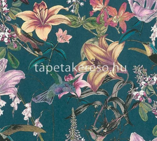Architects Paper Jungle Chic vlies anyagú kék, rózsaszín, zöld, sárga, fekete, mályva színű madaras, virágos romantikus tapéta