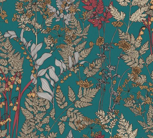 AS Creation Floral Impression vlies anyagú türkiz, barna, piros színű leveles modern tapéta