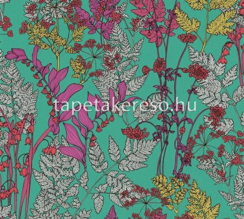 AS Creation Floral Impression vlies anyagú zöld, lila, sárga, szürke színű leveles modern tapéta