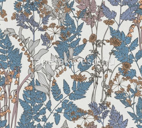 AS Creation Floral Impression vlies anyagú fehér, kék, mályva, szürke színű leveles modern tapéta