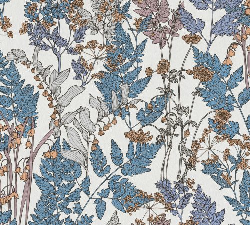 AS Creation Floral Impression vlies anyagú fehér, kék, mályva, szürke színű leveles modern tapéta