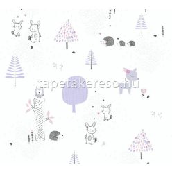   AS Creation Little Love vlies anyagú fehér, fekete, lila, rózsaszín, szürke színű fás, állatos, madaras gyerek tapéta