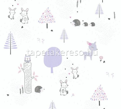 AS Creation Little Love vlies anyagú fehér, fekete, lila, rózsaszín, szürke színű fás, állatos, madaras gyerek tapéta