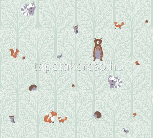 AS Creation Little Love vlies anyagú fehér, zöld, szürke, barna színű fás, állatos, madaras gyerek tapéta