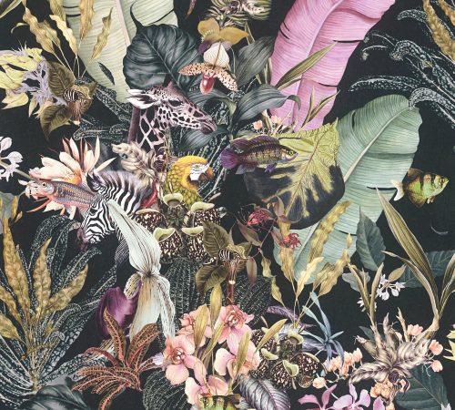 AS Creation Dream Flowery vlies anyagú fekete, zöld, sárga, rózsaszín színű állatos, madaras, halas, virágos romantikus tapéta