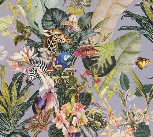 AS Creation Dream Flowery vlies anyagú szürke, zöld, sárga, kék, fekete, barack színű állatos, madaras, halas, virágos romantikus tapéta