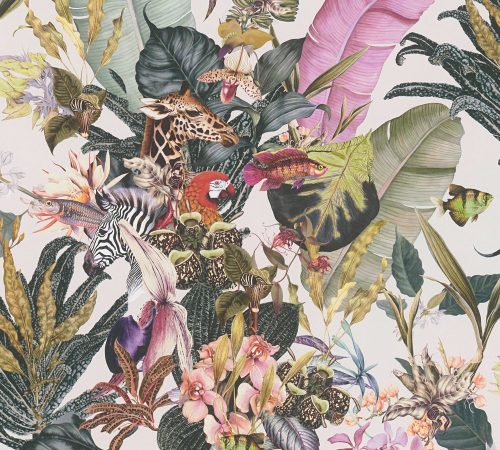 AS Creation Dream Flowery vlies anyagú fehér, zöld, barack, rózsaszín színű állatos, madaras, halas, virágos romantikus tapéta