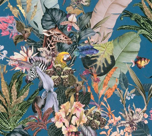 AS Creation Dream Flowery vlies anyagú kék, lila, barack, zöld színű állatos, madaras, halas, virágos romantikus tapéta