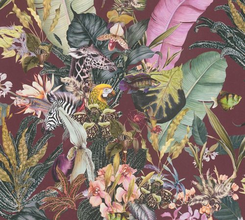 AS Creation Dream Flowery vlies anyagú bordó, zöld, sárga, rózsaszín, barack színű állatos, madaras, halas, virágos romantikus tapéta