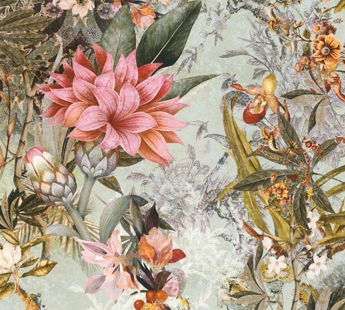 AS Creation Dream Flowery vlies anyagú zöld, sárga, rózsaszín színű madaras, virágos romantikus tapéta