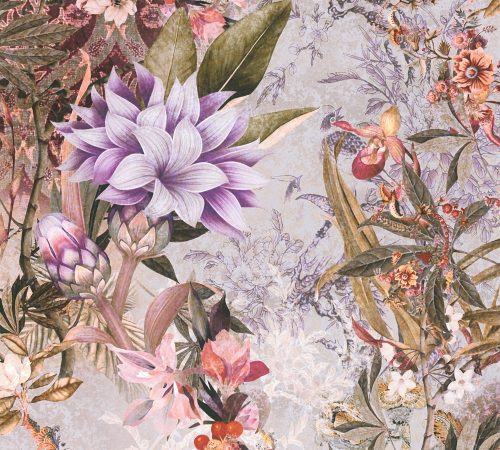 AS Creation Dream Flowery vlies anyagú lila, zöld, szürke, piros, sárga színű madaras, virágos romantikus tapéta