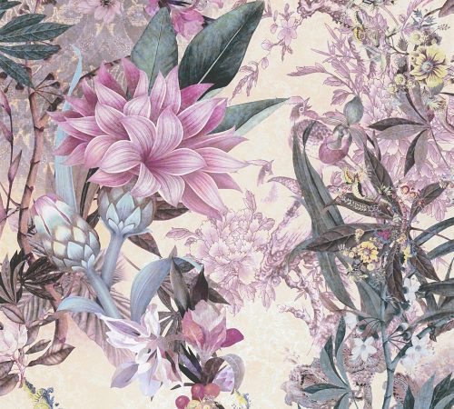 AS Creation Dream Flowery vlies anyagú fehér, lila, zöld, mályva, sárga színű madaras, virágos romantikus tapéta