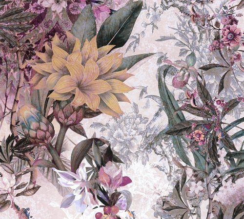 AS Creation Dream Flowery vlies anyagú fehér, kék, zöld, sárga, rózsaszín, szürke színű madaras, virágos romantikus tapéta