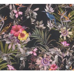   AS Creation Dream Flowery vlies anyagú fekete, kék, zöld, sárga, rózsaszín színű madaras, virágos romantikus tapéta
