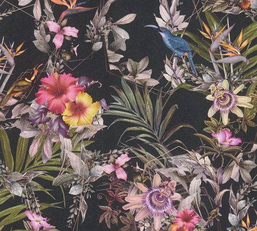AS Creation Dream Flowery vlies anyagú fekete, kék, zöld, sárga, rózsaszín színű madaras, virágos romantikus tapéta