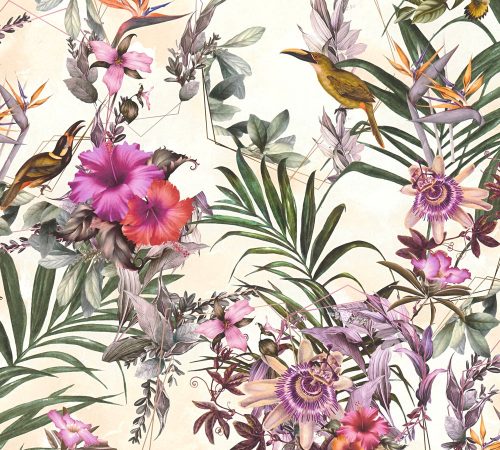 AS Creation Dream Flowery vlies anyagú törtfehér, zöld, lila, rózsaszín színű madaras, virágos romantikus tapéta