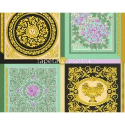   AS Creation Versace 5 vinyl, vlies anyagú fekete, arany, zöld, lila színű kazettás, barokk, versace modern tapéta