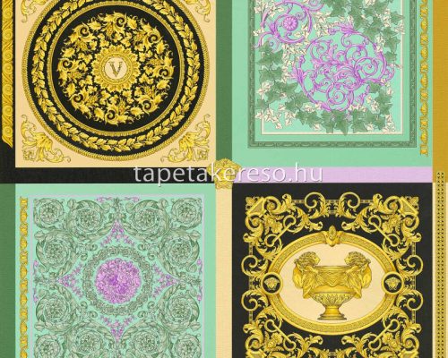 AS Creation Versace 5 vinyl, vlies anyagú fekete, arany, zöld, lila színű kazettás, barokk, versace modern tapéta