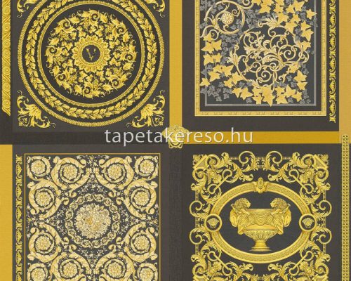 AS Creation Versace 5 vinyl, vlies anyagú fekete, arany színű kazettás, barokk, versace modern tapéta