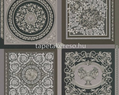AS Creation Versace 5 vinyl, vlies anyagú fekete, szürke, ezüst színű kazettás, barokk, versace modern tapéta