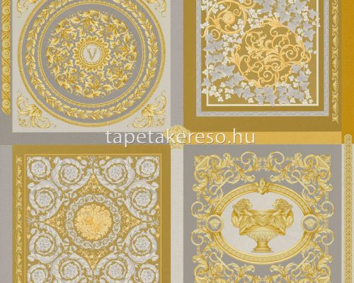 AS Creation Versace 5 vinyl, vlies anyagú szürke, arany színű kazettás, barokk, versace modern tapéta
