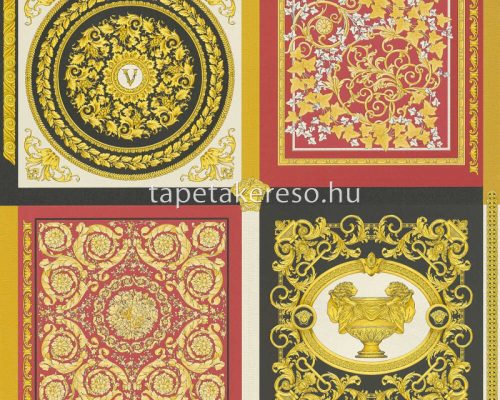 AS Creation Versace 5 vinyl, vlies anyagú fekete, arany, piros színű kazettás, barokk, versace modern tapéta