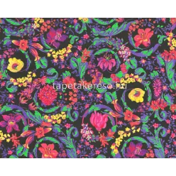   AS Creation Versace 5 vinyl, vlies anyagú fekete, pink, sárga, lila, zöld, csillámos színű virágos, barokk modern tapéta