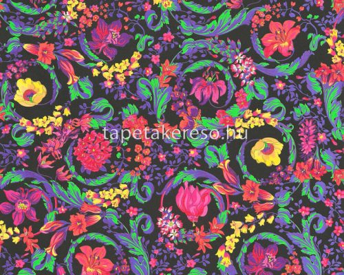 AS Creation Versace 5 vinyl, vlies anyagú fekete, pink, sárga, lila, zöld, csillámos színű virágos, barokk modern tapéta