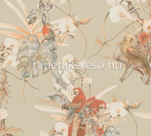 AS Creation Pint Walls vlies, vinyl anyagú beige, narancssárga, terrakotta színű növényes, madaras modern tapéta