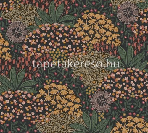 AS Creation Nara vlies, vinyl anyagú fekete, zöld, narancssárga színű virágos, leveles, textilhatású modern tapéta
