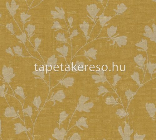 AS Creation Nara vlies, vinyl anyagú mustársárga, barna színű leveles, textilhatású modern tapéta