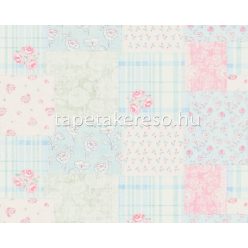   AS Creation Maison Charme vlies, vinyl anyagú kék, rózsaszín, fehér, zöld színű patchwork, virágos romantikus tapéta