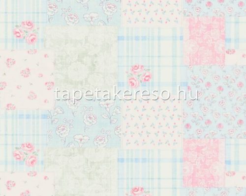 AS Creation Maison Charme vlies, vinyl anyagú kék, rózsaszín, fehér, zöld színű patchwork, virágos romantikus tapéta