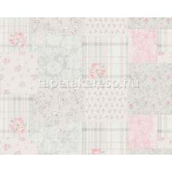   AS Creation Maison Charme vlies, vinyl anyagú fehér, szürke, rózsaszín színű patchwork, virágos romantikus tapéta