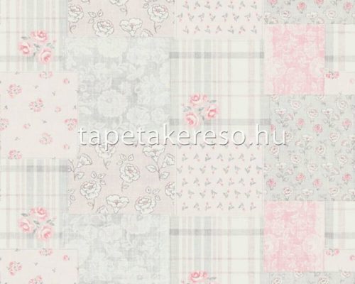 AS Creation Maison Charme vlies, vinyl anyagú fehér, szürke, rózsaszín színű patchwork, virágos romantikus tapéta