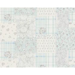   AS Creation Maison Charme vlies, vinyl anyagú kék, szürke, fehér színű patchwork, virágos romantikus tapéta