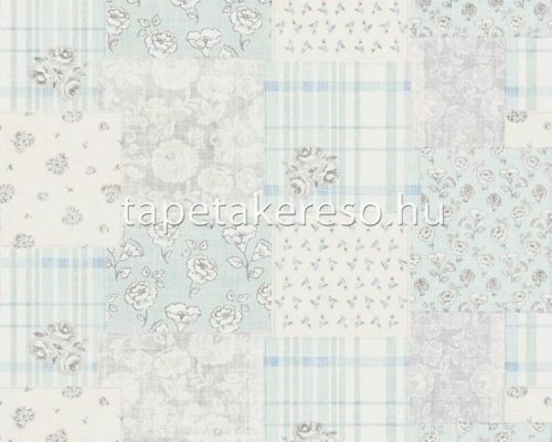 AS Creation Maison Charme vlies, vinyl anyagú kék, szürke, fehér színű patchwork, virágos romantikus tapéta