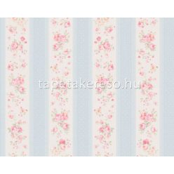   AS Creation Maison Charme vlies, vinyl anyagú fehér, kék, rózsaszín színű textilhatású, pöttyös, csíkos, virágos romantikus tapéta