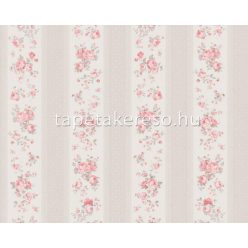   AS Creation Maison Charme vlies, vinyl anyagú fehér, beige, rózsaszín, szürke színű textilhatású, pöttyös, csíkos, virágos romantikus tapéta